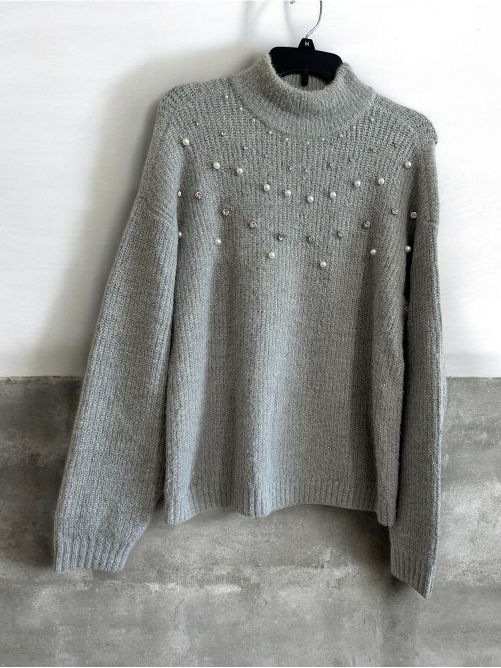 Maurices Light Gray Pearl-Embellished Turtleneck Sweater